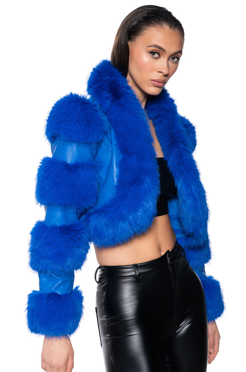 Sisoras LOVERBOY FAUX FUR MOTO JACKET IN BLUE