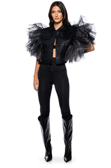 ON REPEAT TULLE SHOULDER VEST IN BLACK PU