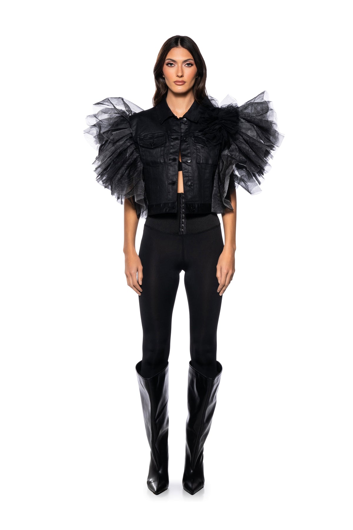 ON REPEAT TULLE SHOULDER VEST IN BLACK PU