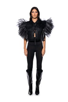 ON REPEAT TULLE SHOULDER VEST IN BLACK PU