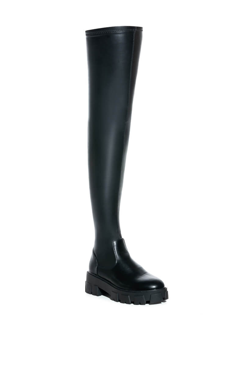 Sisoras SLIM FIT AZALEA WANG LATE NIGHTS FITTED OVER THE KNEE FLATFORM BOOT WITH 4 WAY STRETCH IN BLACK